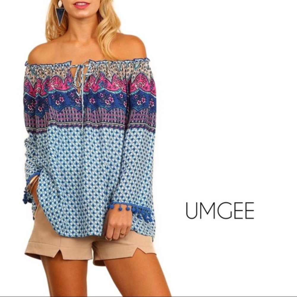 UMGEE Blue Boho Design Off Shoulder Top